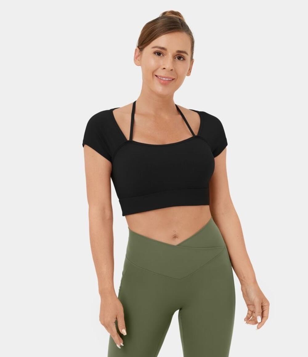 Halara Black Ribbed Halter Strap Short Sleeve Cropped Yoga Sports Top Size Small